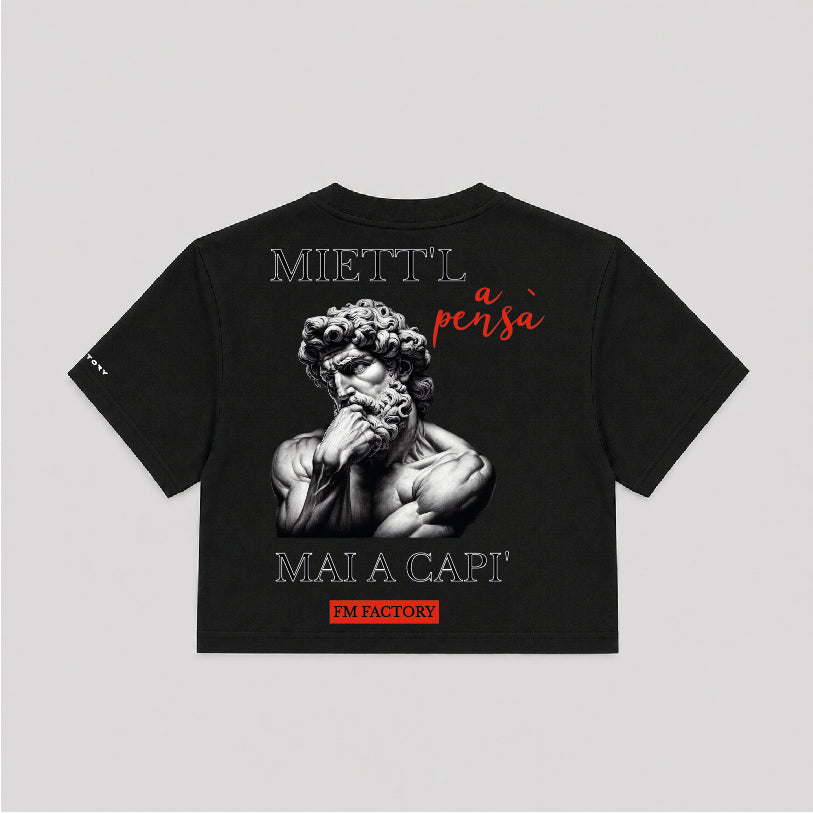 T-shirt Crop Donna "Miett'l a pensà, mai a capì"