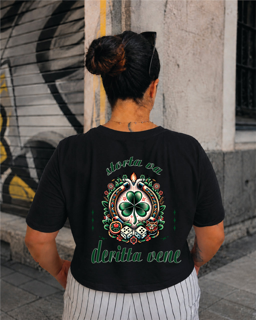T-shirt Crop Donna " Storta va, deritta vene"
