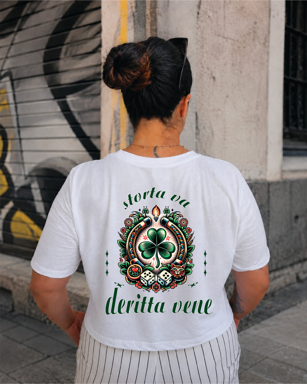 T-shirt Crop Donna " Storta va, deritta vene"